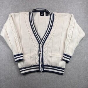 VTG Y2K GAP Cable Knit Varsity Cardigan Tennis Sweater Men M White Blue Prep Ivy